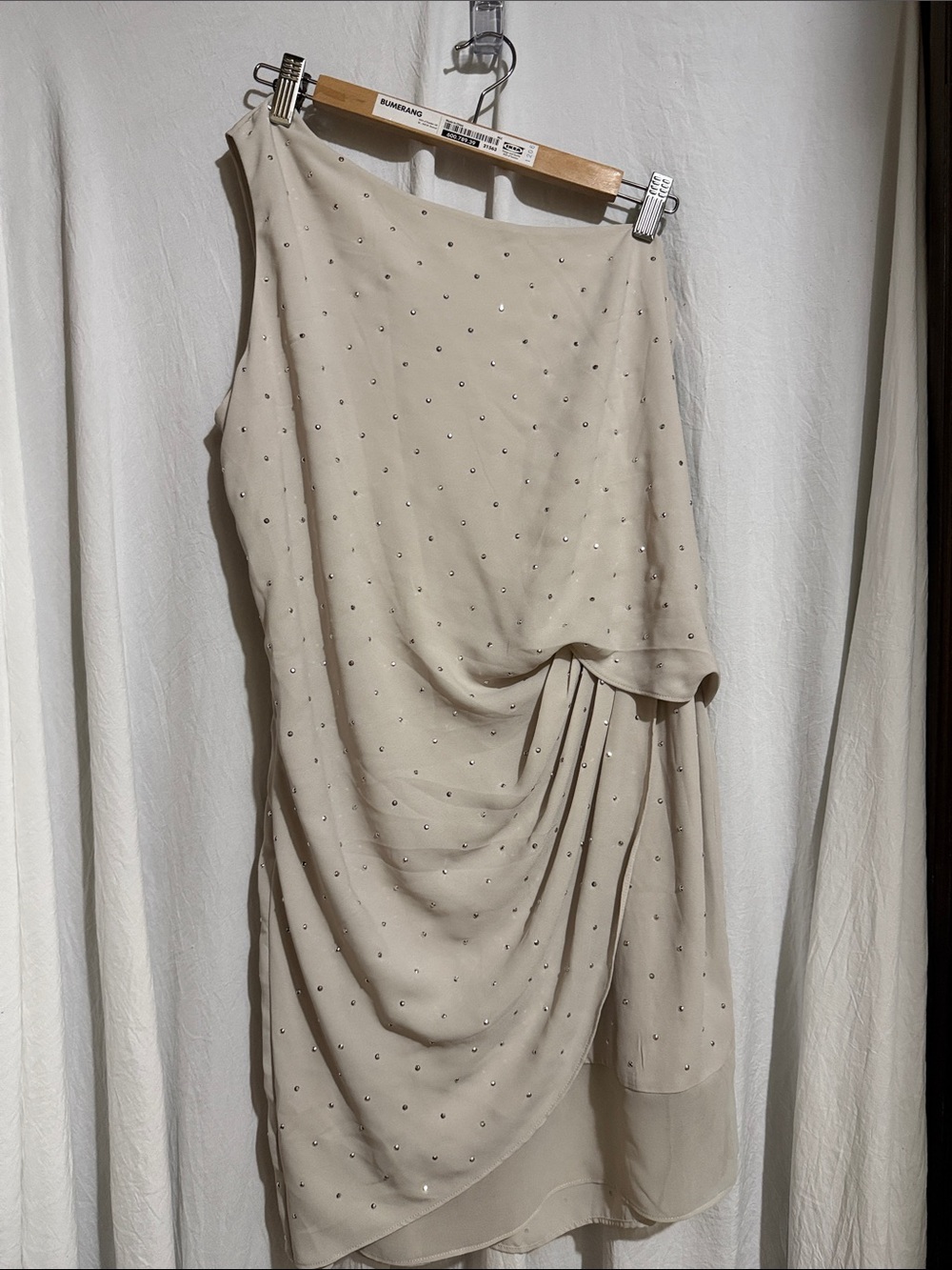 Express one shoulder Draped Beaded Cocktail Dress in Cream
